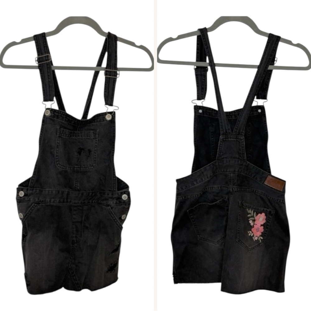 Hollister Black Denim Overall Mini Dress Y2K Grunge Embroidered Flowers Small